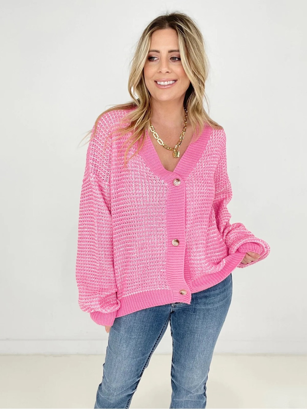 Pink V-Neck Button Cardigan Sweater - Women